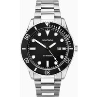 Silver Sekonda men's watch with black dial, silver markers, date display, and stainless steel bracelet.