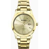 Gold Sekonda ladies watch with stainless steel bracelet, champagne dial, and date display.
