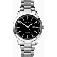 Silver Sekonda ladies watch with stainless steel bracelet and black dial featuring silver hour markers and date display.