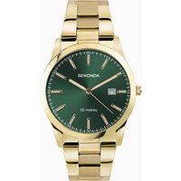 Gold Sekonda men's watch with stainless steel bracelet, green dial, and date display.