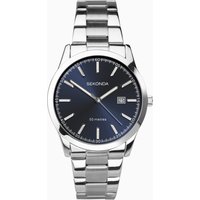 Sekonda men's watch with silver case, stainless steel bracelet, and blue dial featuring date display.