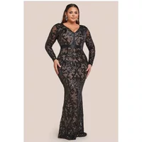 Black sequin-embroidered Goddiva Maxi dress with long sleeves and intricate floral patterns.
