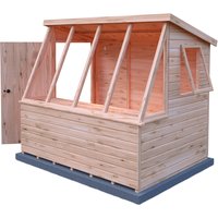 Shiplap potting shed with slanted windows, natural wood finish, and side door, measuring 8 x 6ft.