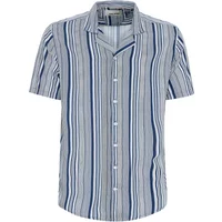 Striped short-sleeve shirt with blue, white, and gray vertical lines, button-up front, and open collar.