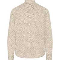 Beige long-sleeve button-up shirt with small floral pattern and pointed collar.
