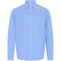 Blue striped long-sleeve button-up shirt with pointed collar and white buttons.