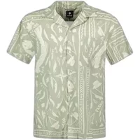 Green short-sleeve button-up shirt with abstract white leaf and geometric patterns, featuring a classic collar.