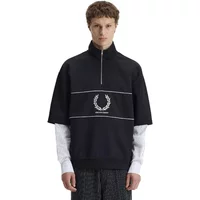 Black Fred Perry pinstripe shirt with white laurel logo, half-zip collar, and layered white long sleeves.