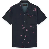 Black short-sleeve shirt with pink goldfish pattern, button-up front, and chest pocket.