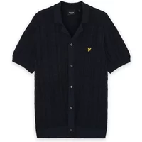 Black Lyle & Scott Jacquard shirt with short sleeves, button-up front, and yellow logo on chest.