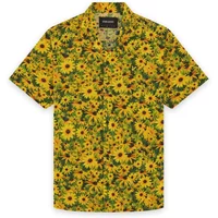 Lyle & Scott Wild Garden shirt, short-sleeved, yellow with vibrant sunflower pattern and green leaves.