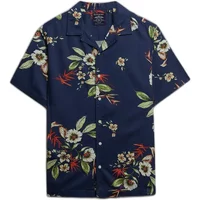 Navy blue Superdry Hawaiian shirt with short sleeves, featuring a floral pattern in white, green, and red.