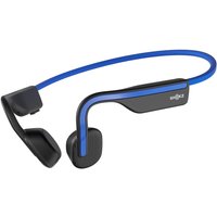 Blue Shokz OpenMove sports headphones with black earpieces and a flexible neckband.