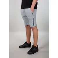 Gray Alpha Industries shorts with side logo, knee-length, worn with black shoes and a black shirt.