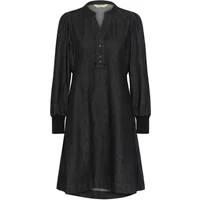 Black long-sleeve short dress with buttoned neckline and subtle textured pattern.