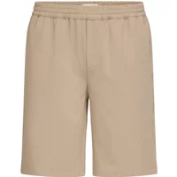 Beige knee-length shorts with elastic waistband and straight fit.