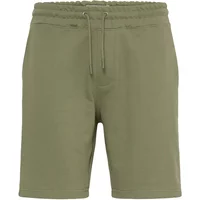 Olive green Blend Brody shorts with elastic waistband, drawstring, and knee-length cut.