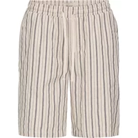 Beige and navy striped shorts with elastic waistband and knee-length cut.