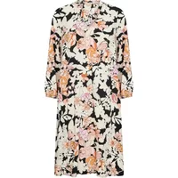 Floral short dress for women CULTURE CuaudrCUAudrey with long sleeves and a mix of pink, orange, and black patterns.