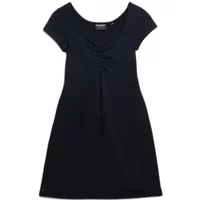 Black Superdry Sweetheart short dress with cap sleeves and ruched front detail.