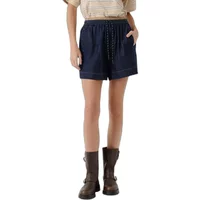 Navy blue Artlove Auriane shorts with elastic waistband, drawstring, side pockets, worn with brown boots.