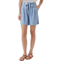 Light blue high-waisted shorts with a tied belt and pleats, worn with a white top and brown sandals.