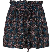 Black and blue floral Protest Huma shorts with ruffled waistband and adjustable drawstring.