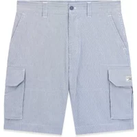 Gray and white striped Guess shorts with button closure, belt loops, side pockets, and cargo pockets.