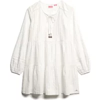 White long-sleeve short dress with tiered design and tie neckline, Superdry Ibiza style.