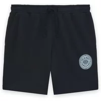 Black Lyle & Scott shorts with drawstring waist and circular logo graphic on left leg.