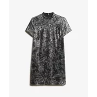Short sequin T-shirt dress for women by Superdry, featuring a shimmering black and silver paisley pattern.