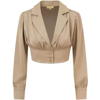Beige short silk blouse with long sleeves, button-up front, and notched collar by Balou.