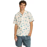 Beige short sleeve Cuban shirt with blue palm tree and car print, button-up front, worn by a model.