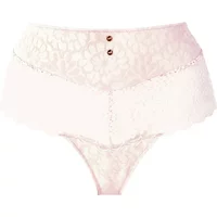 Pink lace high-waisted shorty with floral pattern, scalloped edges, and two small front buttons.