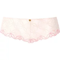 Pink lace shorty with floral pattern, scalloped edges, and gold button detail.