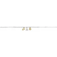 Silver charm necklace with three Harry Potter-themed charms: a golden snitch, a lightning bolt, and a triangular symbol.