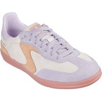 Skechers women's trainers in natural and multi colors with leather upper, pastel accents, and pink rubber sole.