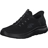 Black Skechers slip-on sneaker with mesh upper, elastic laces, and logo on side, size 10 UK.
