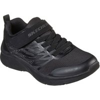 Black Skechers junior trainers with synthetic upper, lace-up front, Velcro strap, and textured side design.