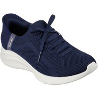 Navy Skechers Ultra Flex 3.0 slip-in shoes, UK 8, with knit upper, white sole, and lace detail.