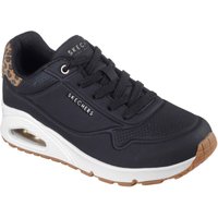 Black Skechers trainers with leopard print accents, white sole, and air-cushioned heel.
