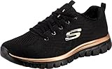 Black Skechers sneaker with rose gold trim, mesh upper, and lace-up design, size 7 UK.