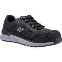 Black Skechers safety trainer, mesh upper, reinforced toe, lace-up, grey sole, size 7, model 32311-55347-07.