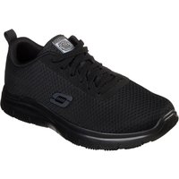Black Skechers workwear shoe with mesh upper, lace-up design, and slip-resistant sole, size 8.