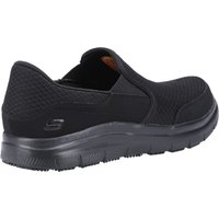 Black Skechers slip-on work shoe with textured mesh upper, cushioned sole, and reinforced heel, size 7.