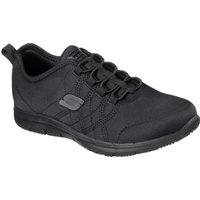 Black Skechers workwear shoes, lace-up design, slip-resistant sole, size 6, with subtle logo on the side.