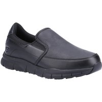 Black Skechers slip-on work shoes with cushioned sole and smooth leather upper, size 6, style 32948-56310-06.