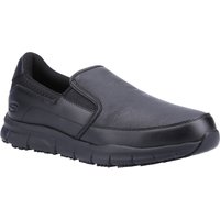 Black Skechers slip-on work shoes with cushioned sole and elastic side panels, size 12.