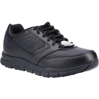 Black Skechers workwear shoe with lace-up design, padded collar, and slip-resistant sole, size 8.
