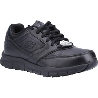 Black Skechers Nampa Wyola work shoes, lace-up design, slip-resistant sole, padded collar, and Skechers logo on the side.